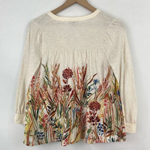 Anthropologie Postmark Boho Floral Henley Blouse XS Cream Floral 3/4 Sleeve - Picture 3 of 8